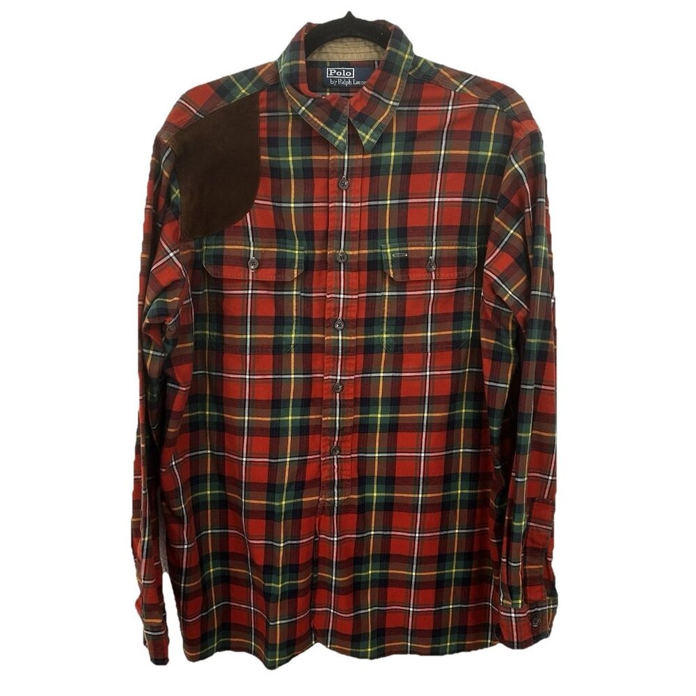 VTG 90s Polo Ralph Lauren Sportsman Plaid Flannel Suede Patch Shooting Shrt Sz L